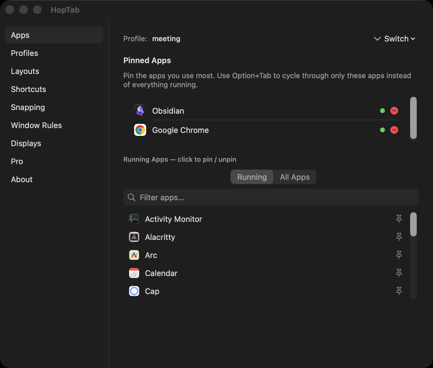 Pinned apps settings